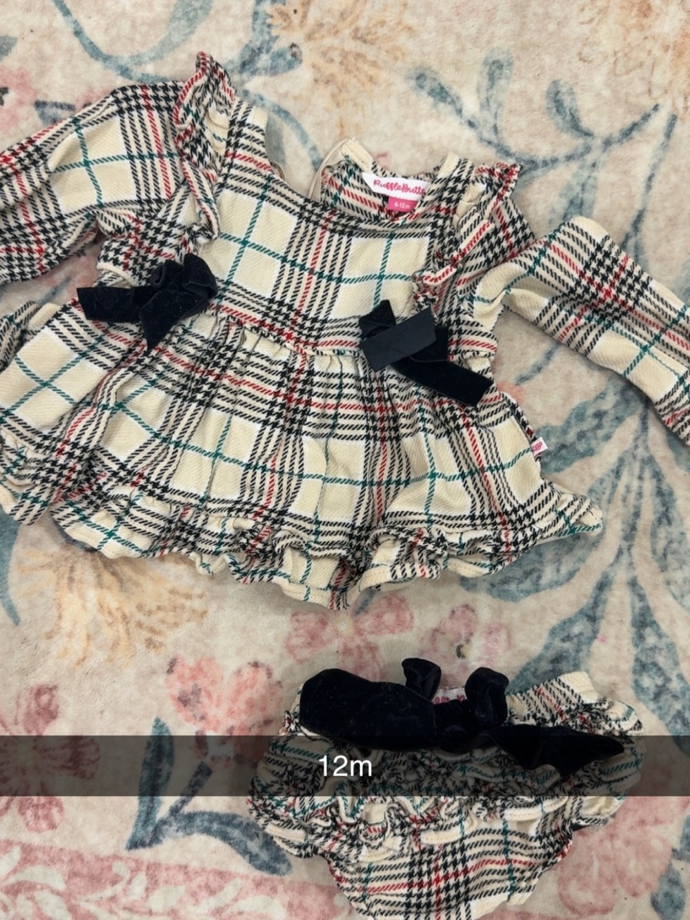 Ruffle Butts Cream Plaid Top and Bloomer Set with Black Bows
